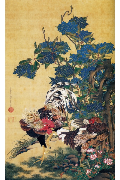 Rooster and Hen with Hydrangeas